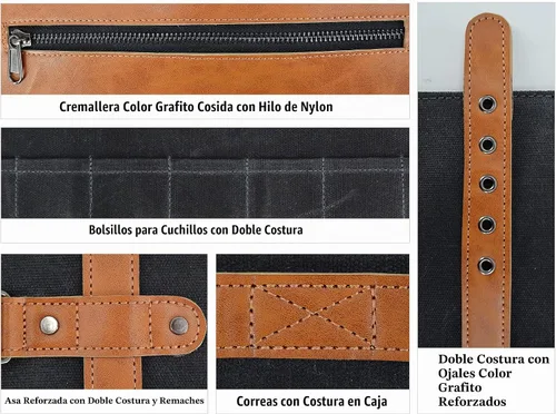 Vista 9 de WELKINLAND Bolsa enrollable de cuchillos con 14 bolsillos, Bolsa enrollable de cuero de lona encerada, Porta cuchillos, Bolsa enrollable