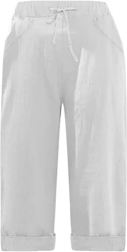 Vista 2 de Stessotudo Capris para mujer, pantalones casuales de lino elásticos de cintura alta con bolsillos, pantalones anchos y recortados, pantalones