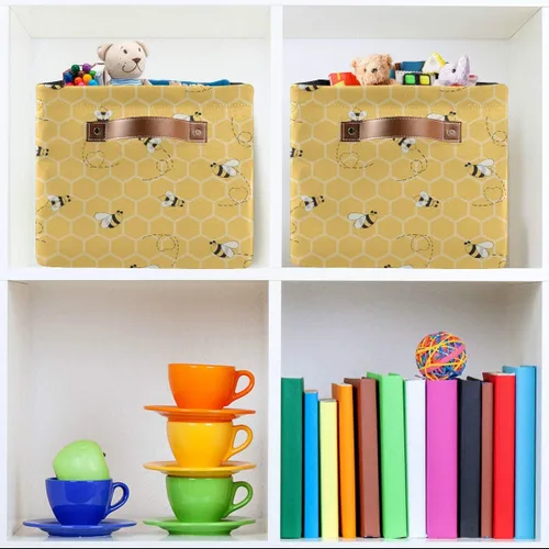 Vista 6 de Cesta de almacenamiento en cubo amarillo con peine de abeja y miel, caja de almacenamiento plegable grande para juguetes, organizador de lavandería