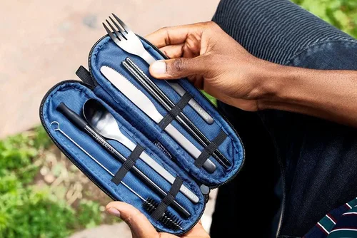 Vista 6 de EcoVessel WANDERWARE - Juego de utensilios de acero inoxidable, juego de cubiertos reutilizables con estuche de transporte, accesorios