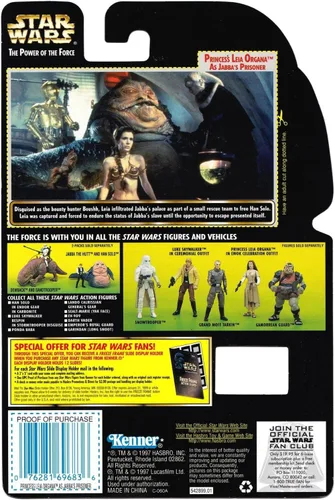 Vista 2 de Star Wars, The Power of The Force Green Card, Figura de acción de la princesa Leia Organa (prisionera de Jabba) con diapositiva de marco congelado