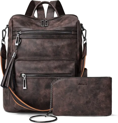 Vista 8 de Mochila de cuero Shrrie para mujer, bolso de diseñador de moda para mujer, mochila de viaje convertible, bolso de hombro con muñequera, Mochilas