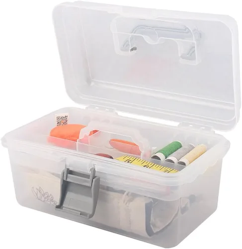 Vista 4 de Caja de almacenamiento de plástico multiusos con asa y cerradura de pestillo, gris transparente Transparente/Gris