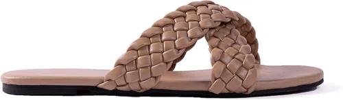 Vista 3 de Sandalias planas para mujer con tiras cruzadas de cuero trenzado color piel sandalias de moda para fiestas noche y bodas