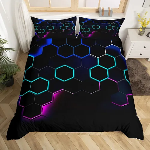 Vista 24 de Juego de funda de edredón de dibujos animados con lazo, tamaño individual, juego de ropa de cama a cuadros geométricos coloridos, decoración