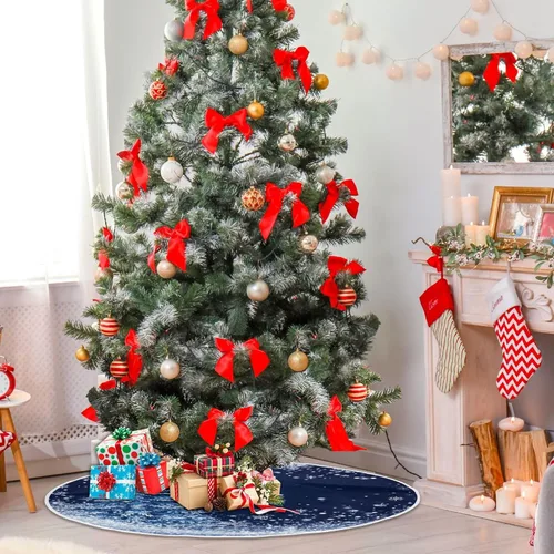 Vista 4 de Falda de árbol de Navidad azul de 36 pulgadas, decoraciones de copo de nieve plateado, tapete de árbol de Navidad para invierno, pequeño