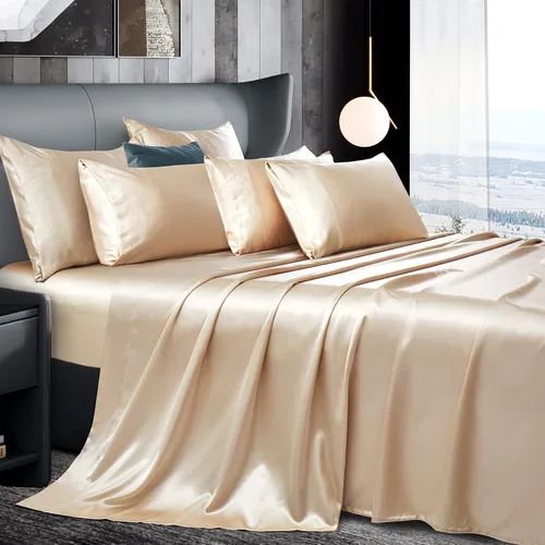 Vista 18 de Manyshofu Juego de sábanas de satén negro de 7 piezas, ropa de cama lujosa y suave de satén, 1 sábana bajera, 1 sábana encimera, 4 fundas