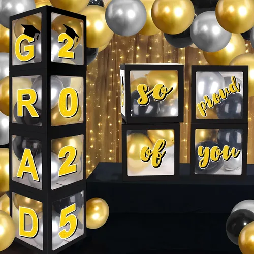 Vista 8 de Decoraciones azules para fiestas de graduación 2026, cajas de globos de graduados – 4 cajas de globos negros con 4 cuerdas de luz y letras 2026 Grad