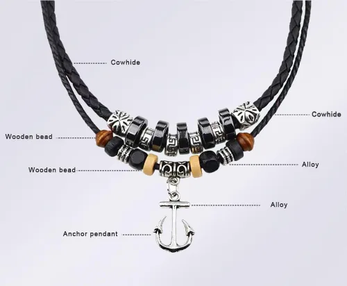 Vista 2 de Collar de cuero negro para hombre, estilo tribal, bohemio, hipppie, doble capa, negro, trenzado, con cuentas, colgante de ancla pirata, Cuero, No es