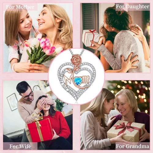 Vista 2 de MOOSEA Collar de mamá para mujer, collar de piedra lateral de diamante de moissanita, collar de piedra natal de corazón rosa de oro blanco de 18