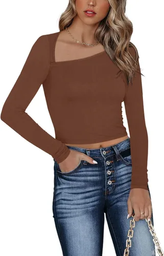 Vista 3 de REORIA Camiseta sexy de manga larga con cuello asimétrico para mujer, acanalada, ajustada, ajustada