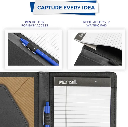 Vista 6 de Samsill (71730) Portafolios de cuero con costuras de contraste, tamaño pequeño, cuaderno para escribir de 5 x 8 pulgadas, negro, Negro