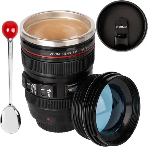 Vista 8 de Taza de café con lente de cámara, taza de café de viaje, taza de lente de acero inoxidable, termo con tapa y cuchara, regalos geniales