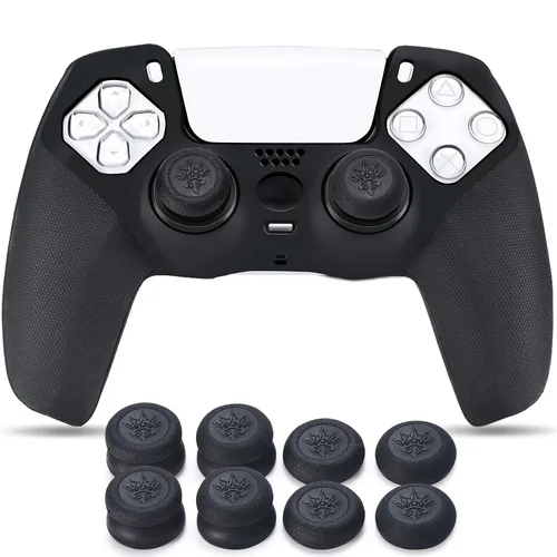 Vista 2 de YoRHa Grip Texture Silicone Cover Skin Case for PS5 Dualsense Controller x 1(Black) with Pro Thumb Grips x 8