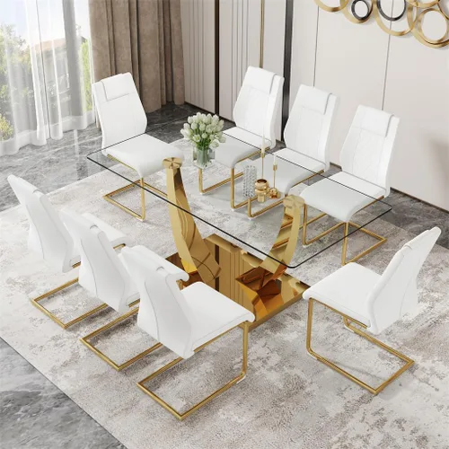 Vista 16 de Juego de mesa de comedor de cristal de 63 pulgadas para 4, mesa de comedor para 4, mesa de comedor con patas y base de acero inoxidable, sillas