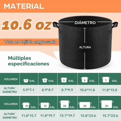 Vista 2 de Jorvila Paquete de 5 bolsas de cultivo de 7 galones Negro