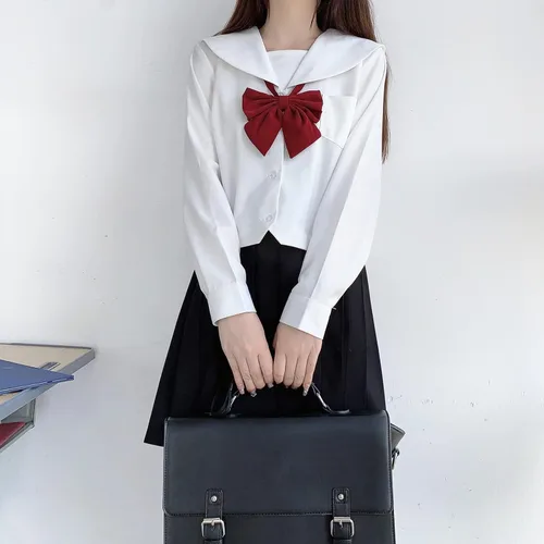 Vista 4 de RESSE Falda plisada japonesa, uniforme escolar, uniforme de marinero JK, uniforme de niñas, disfraz de anime de manga larga