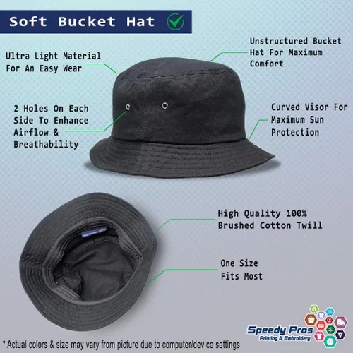 Vista 2 de Custom Bucket Apparel Sombrero Alien Gris Cabeza Ojos Amarillos Bordado para Hombres y Mujeres Solo diseño negro.
