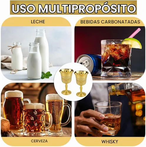 Vista 4 de 2 mini copas doradas – Copas de cáliz de altar sagrado, vasos de chupito de metal vintage para whisky, vino y comunión – Vasos retro de lujo