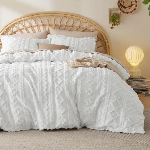 Vista 16 de Bedsure Funda de edredón bohemia tamaño matrimonial, bordado copetudo, 3 04 - Blanco - Elegante (sin edredón)