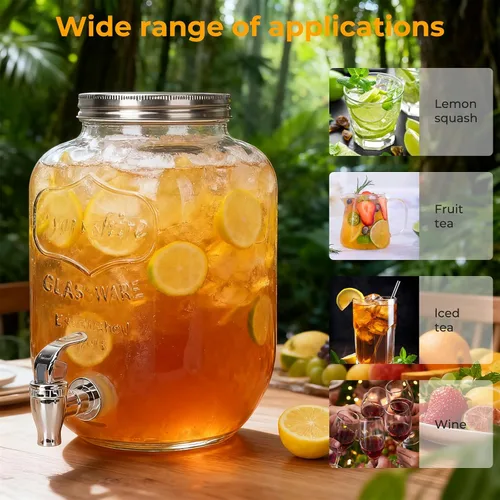 Vista 3 de Dispensador de vidrio de bebida de 1 galón para fiestas, paquete de 2, dispensador de bebidas de vidrio con grifo y cubierta de hierro y soporte