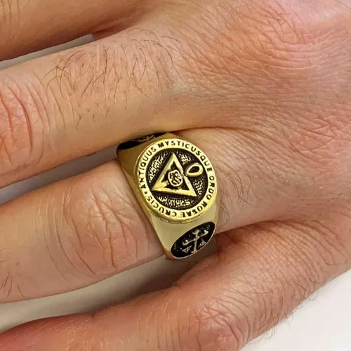 Vista 8 de Anillo Antiquus Mysticusque Ordo Rosae Crucis Signet, Plata de Ley, Bañado en Oro, Rodio, 0.630 x 0.630 in, Anillo Masónico para Hombre