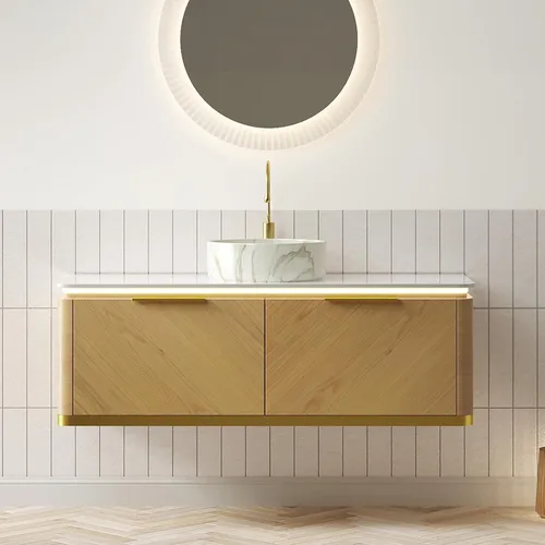 Vista 10 de LKTART Mueble de baño flotante de 36 pulgadas con fregadero, moderno armario de almacenamiento montado en la pared con luz LED, lavabo de cerámica