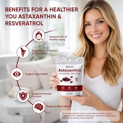 Vista 5 de Rovina Astaxantina Cápsulas blandas de 12 mg – Astaxantina premium de microalgas, triple fuerza, apoyo inmunológico, sin OMG y sin gluten, 200
