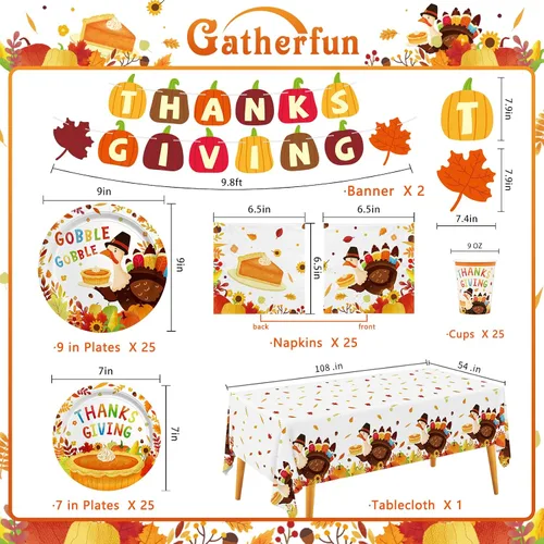Vista 2 de Kit de suministros para fiesta de Acción de Gracias con pavo de Gatherfun - Set de vajilla desechable con temática de otoño con platos, servilletas