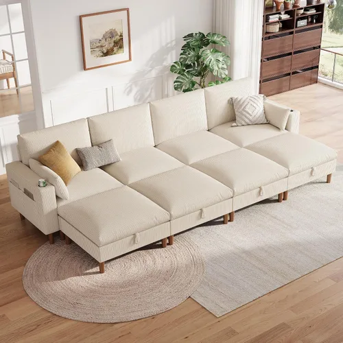 Vista 23 de LINSY HOME Sofá modular modular de 110 pulgadas con almacenamiento, sofá nube de 3 asientos con 1 otomana móvil y 2 almohadas, sofás seccionales