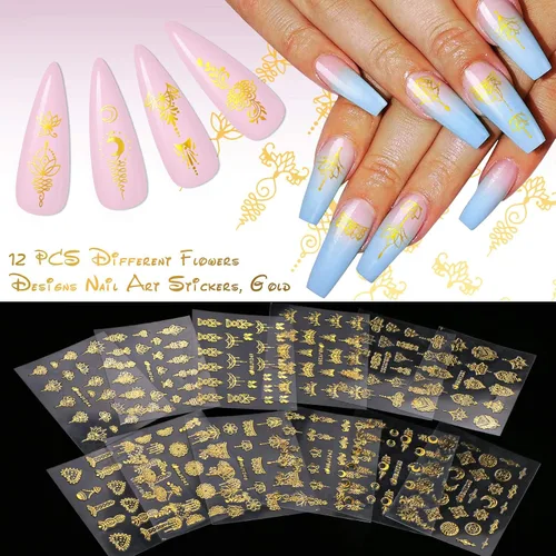 Vista 5 de KISSBUTY 24 calcomanías para arte de uñas de universo, flores doradas, estrellas, constelación de luna