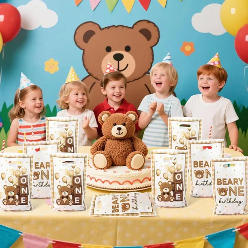 Vista 7 de Bolsa de Regalo para Primera Fiesta de Cumpleaños Oso 50Pcs Bolsas de Dulces y Regalos con Oso Marrón Dulces y Golosinas para Fiesta Temática Oso