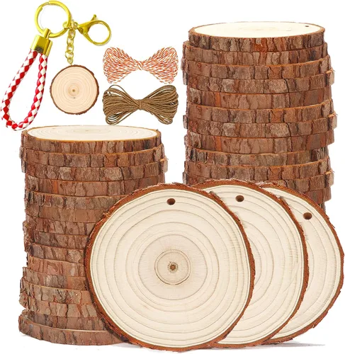 Vista 12 de SENMUT Rebanadas de madera natural, 30 unidades de círculos de madera preperforados de 2.0 a 2.45 pulgadas para manualidades, rebanadas de madera