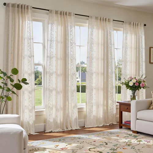Vista 10 de jinchan Cortinas de lino floral marfil para sala de estar 84" pestaña
