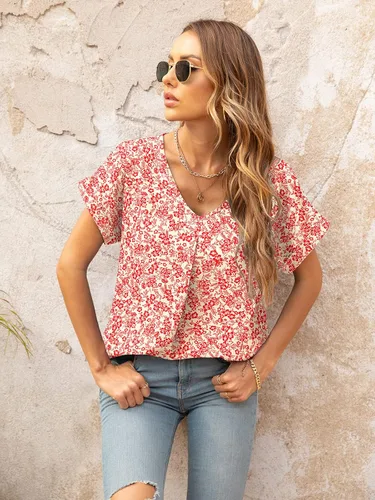 Vista 3 de QUEZHU - Blusas de verano para mujer, elegantes, de gasa, con cuello en V y estilo casual