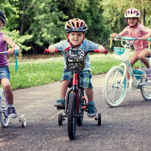 Vista 6 de Cesta de bicicleta para niños, accesorio de decoración de bicicleta delantera de camuflaje para adultos y niños, organizador de bolsa de manillar