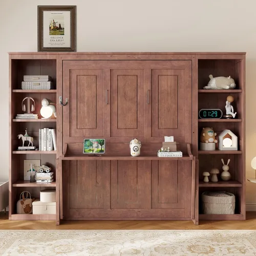 Vista 23 de Cama Murphy de Pared Tamaño Queen con Escritorio en Forma de L, Sofá de 2 Asientos y Luz, Marco de Cama Murphy Tradicional de Madera Maciza