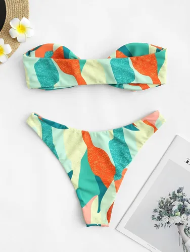 Vista 5 de ZAFUL - Juego de bikini con bandeau para mujer con estampado floral, corte alto, sin tirantes con nudo en frente. Traje de baño sexy