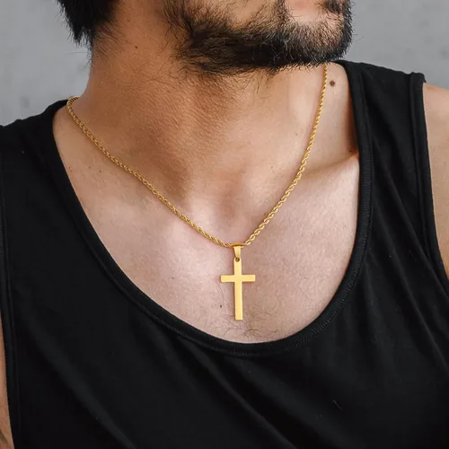 Vista 3 de LUXEJEW Collares de cruz de acero inoxidable para hombre, cadena de cuerda, collar con colgante de cruz negra, plata y oro, para hombres, niños