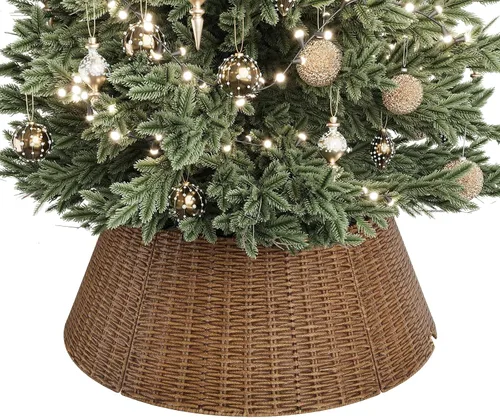 Vista 19 de Collar de mimbre para árbol de Navidad, cubierta de base de árbol PP marrón plano