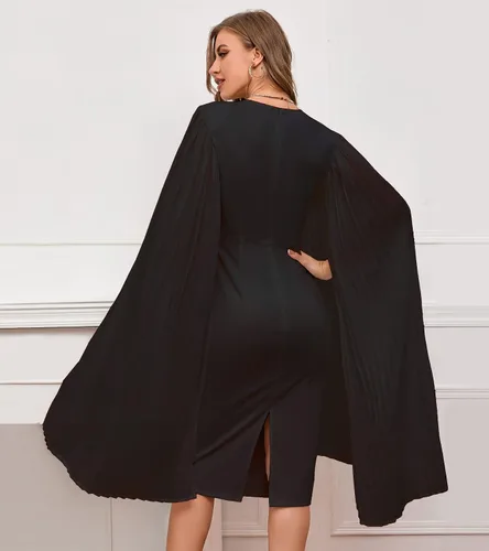Vista 2 de IWFEV Vestido midi sin mangas liso de manga larga con cuello redondo y patchwork a media pierna para mujer