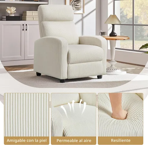 Vista 6 de Yaheetech Silla reclinable de pana para sofá individual, asiento de cine en casa, silla reclinable moderna ajustable para sala de estar, dormitorio