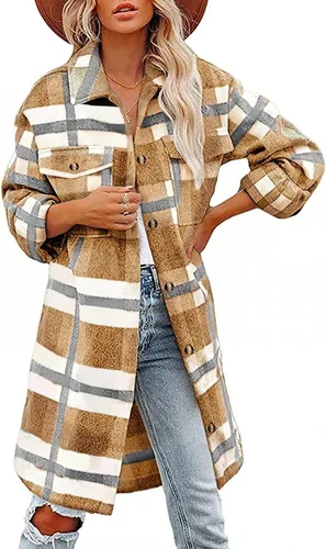 Vista 2 de Vifucz Chaquetas con botones para mujer, camisetas de manga larga con estampado a cuadros, abrigos de vacaciones de moda