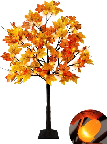 Vista 7 de Uieke Árbol de arce artificial de otoño con 48 luces LED de 4 pies con 12 luces de piño, 8 modos, decoración de otoño para el hogar, decoración