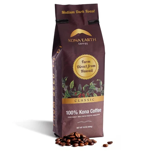 Vista 25 de KONA EARTH - 100% Café Kona, Tostado Medio Oscuro Clásico, Grano Entero (227 gramos) Café auténtico Kona hawaiano de la granja, tostado en lotes