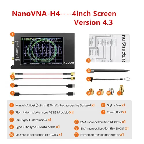 Vista 2 de Spectrum Analyzer, NanoVNA-H4 4inch Vector Network Analyzer 10k-1.5GHz HF VHF UHF Antenna Version 4.3 with SD Card Slot