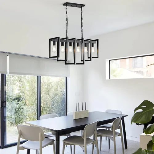 Vista 4 de Lámpara de comedor de 6 luces, candelabros negros para comedor, moderna lámpara de granja, accesorios de iluminación colgantes rectangulares