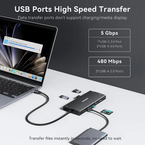 Vista 7 de Hub USB C Estación de acoplamiento USB C Monitor dual 4K@60Hz+DP 8K@30Hz para Dell HP, Estación de acoplamiento para portátil 3 monitores 15 en 1