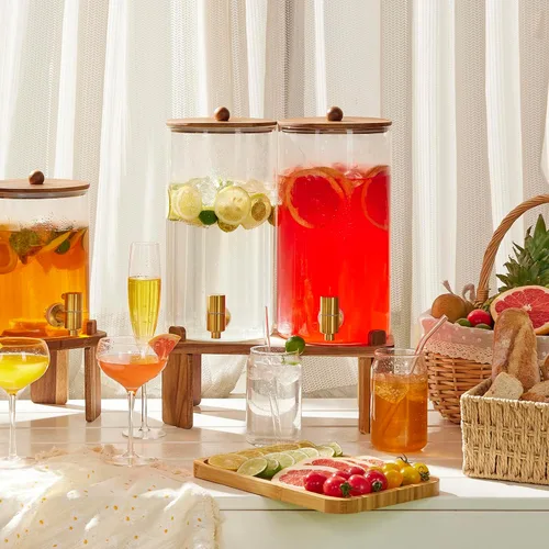 Vista 3 de 2 piezas dispensadores de bebidas de 1.5 galones, dispensador de bebidas de vidrio con soporte de madera, dispensadores grandes de agua y bebidas