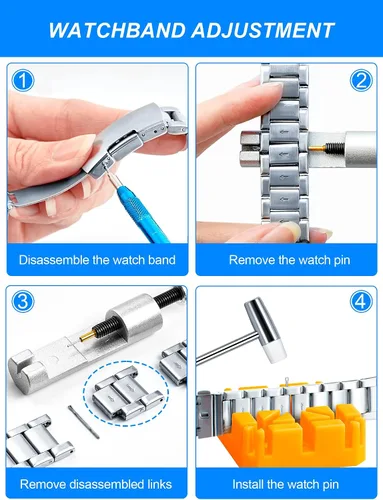 Vista 2 de JOREST Kit de herramientas de reparación de reloj para reemplazo de batería, ajuste de tamaño de correa, removedor de pasadores de eslabones